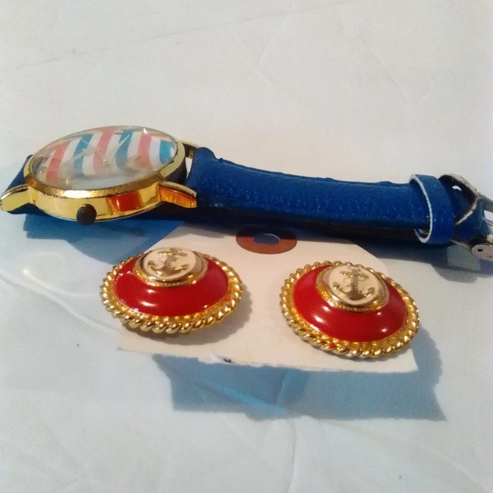 Vintage watch and Red Anchor Post Earrings earrings#nautical